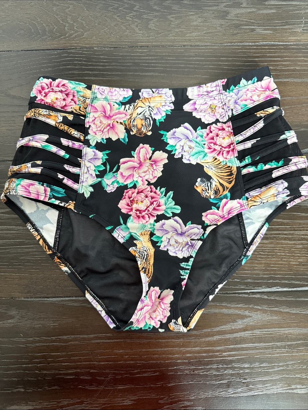 Torrid 00 Black Floral & Tiger Print Swim Bottoms medium/large high waisted